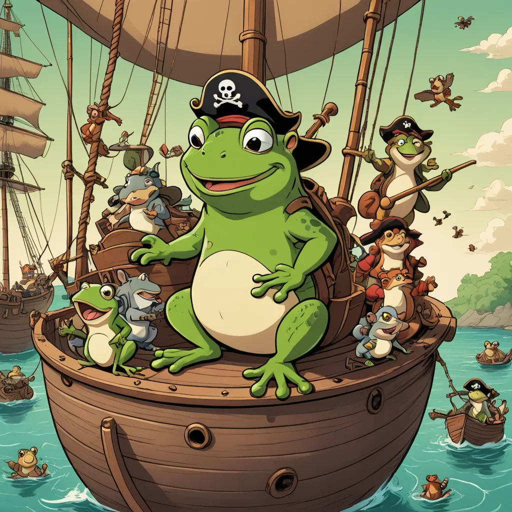 a frog is sitting on a boat with other animals in it and a pirate ship in the background with a pirate ship in the background, furry art, a storybook illustration, Andries Stock, promotional image