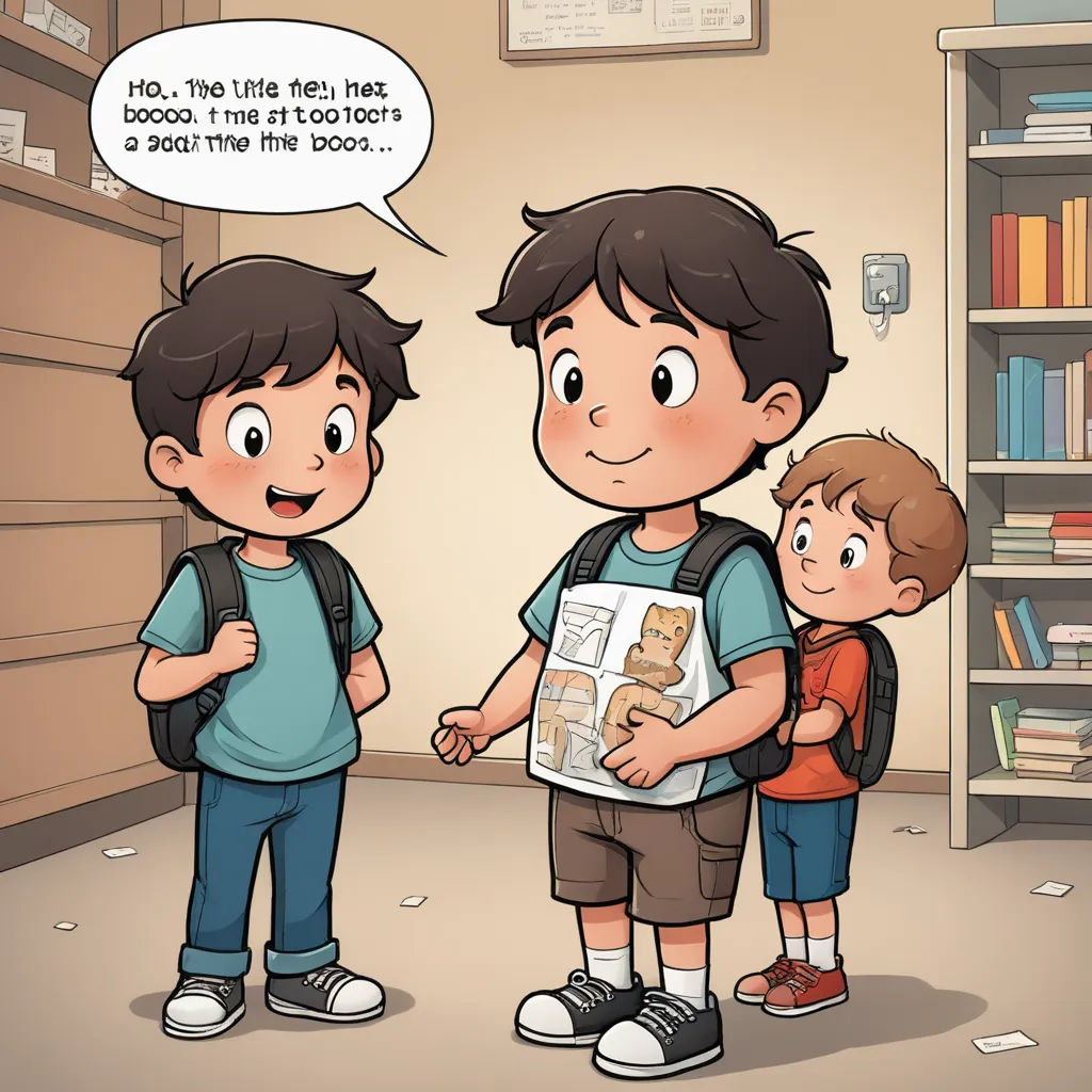 a group of kids standing in a room with a book in hand and a comic bubble above them that says, you're 18 cents, sots art, a storybook illustration, Diego Gisbert Llorens, graphic novel