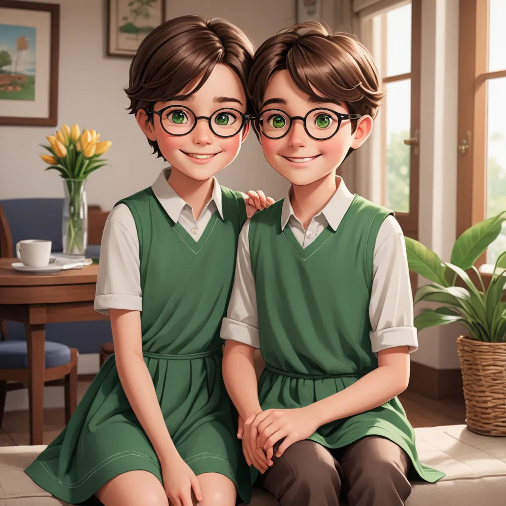 a couple of kids sitting next to each other on a couch in front of a window with a potted plant, photorealism, a storybook illustration, Basuki Abdullah, official art
