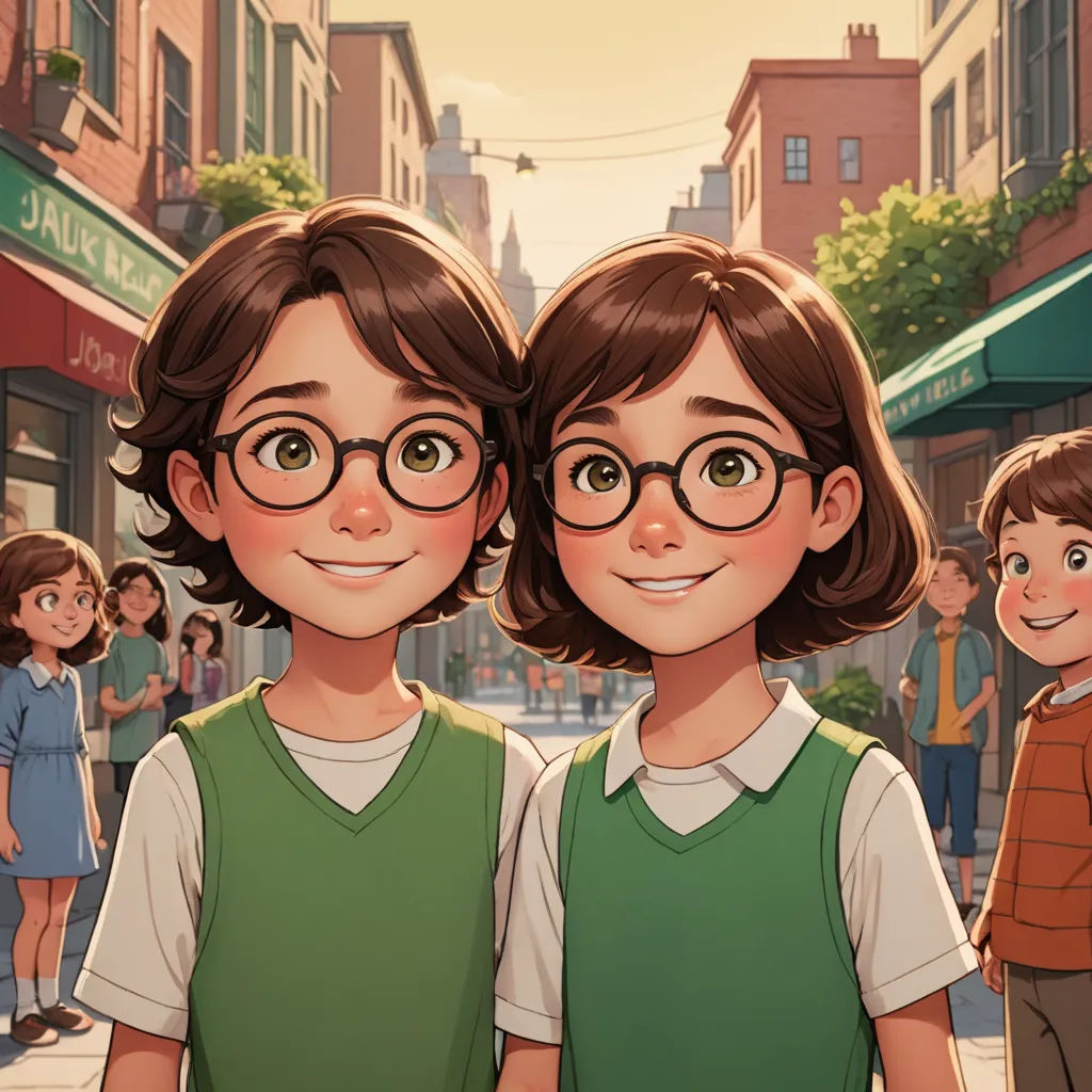two children standing in front of a crowd of people on a city street with a building in the background, serial art, a storybook illustration, Brothers Hildebrandt, official art
