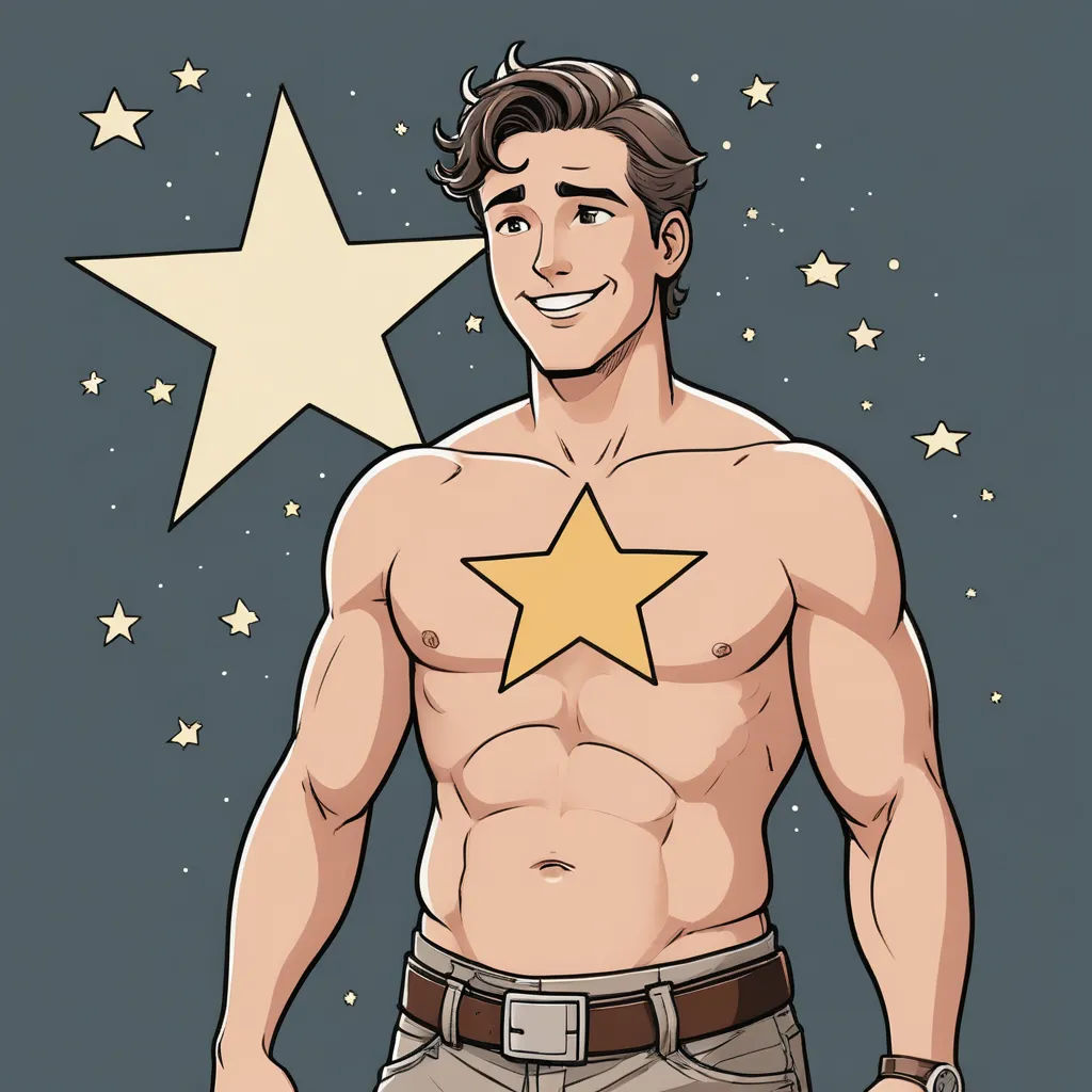 a man with a star on his chest and a belt around his waist, smiling at the camera, with a star above his chest, furry art, a character portrait, Benjamin Marra, tom of finland