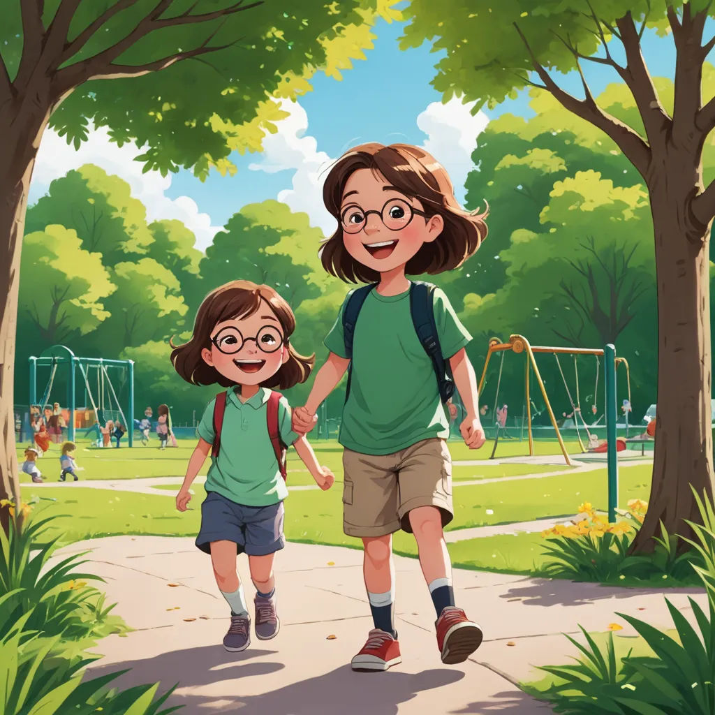 a couple of kids walking down a sidewalk next to a park with a playground in the background and trees, paris school, a storybook illustration, Diego Gisbert Llorens, official art