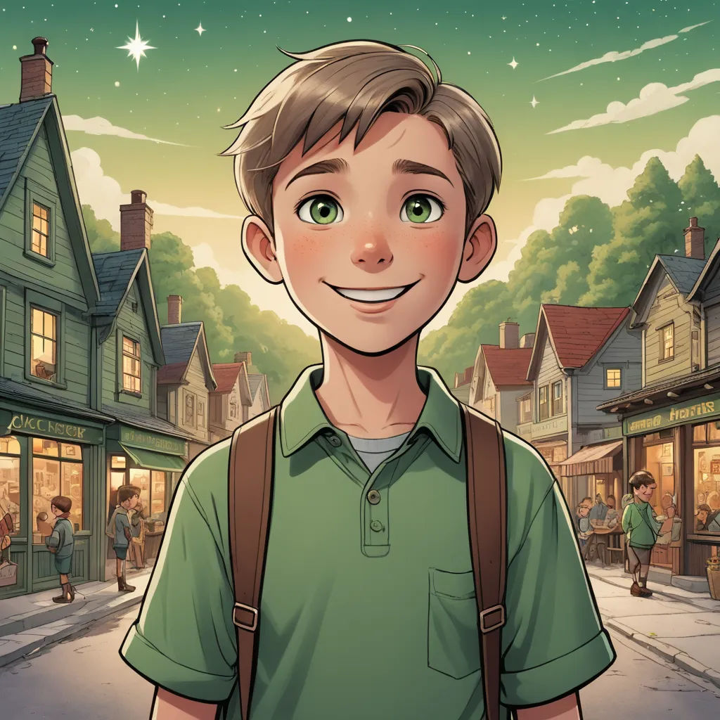 a boy with a backpack standing in front of a street with a star in the sky above him and a town with a green building, magical realism, a storybook illustration, Cliff Childs, rossdraws global illumination