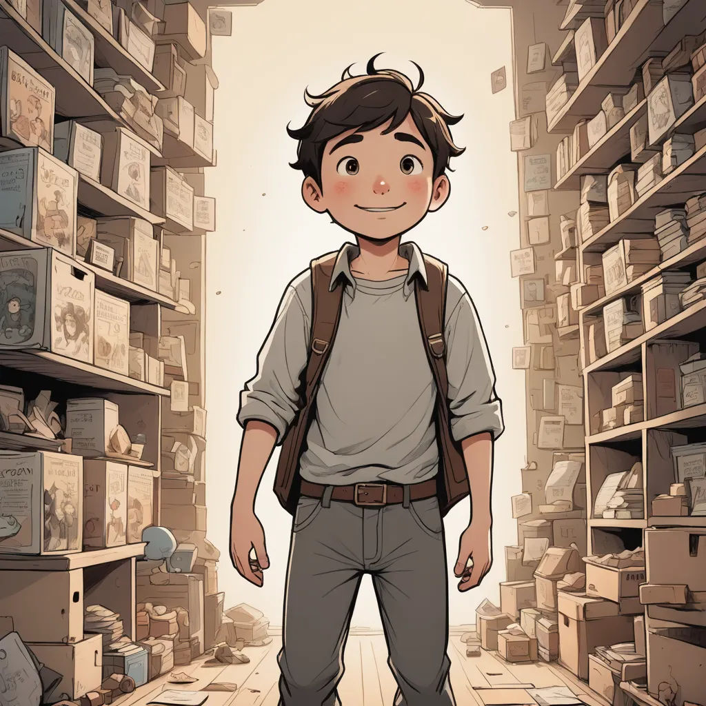 a boy standing in a room with shelves full of boxes and boxes on the shelves and a backpack on his back, process art, poster art, Asaf Hanuka, rossdraws global illumination