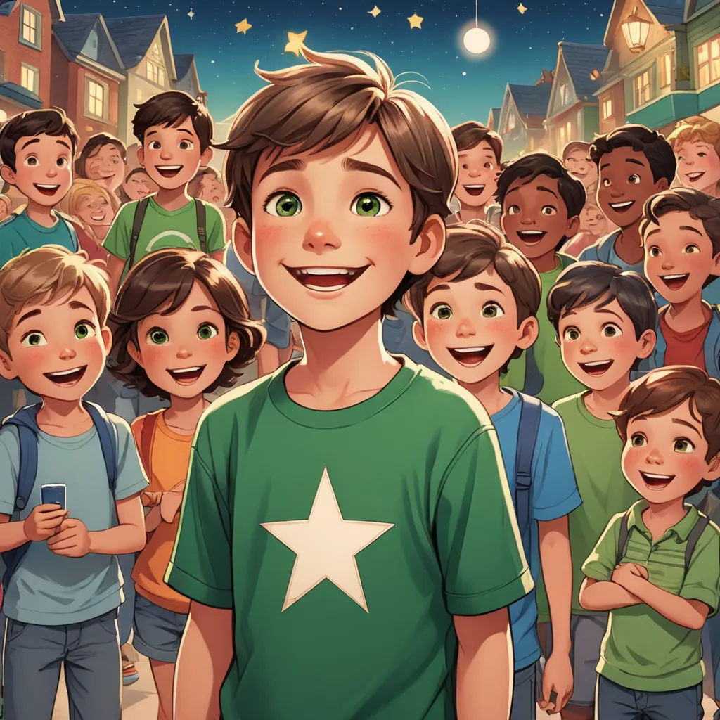 a boy in a green shirt standing in front of a crowd of children with a star on his shirt, vancouver school, a storybook illustration, Diego Gisbert Llorens, stars