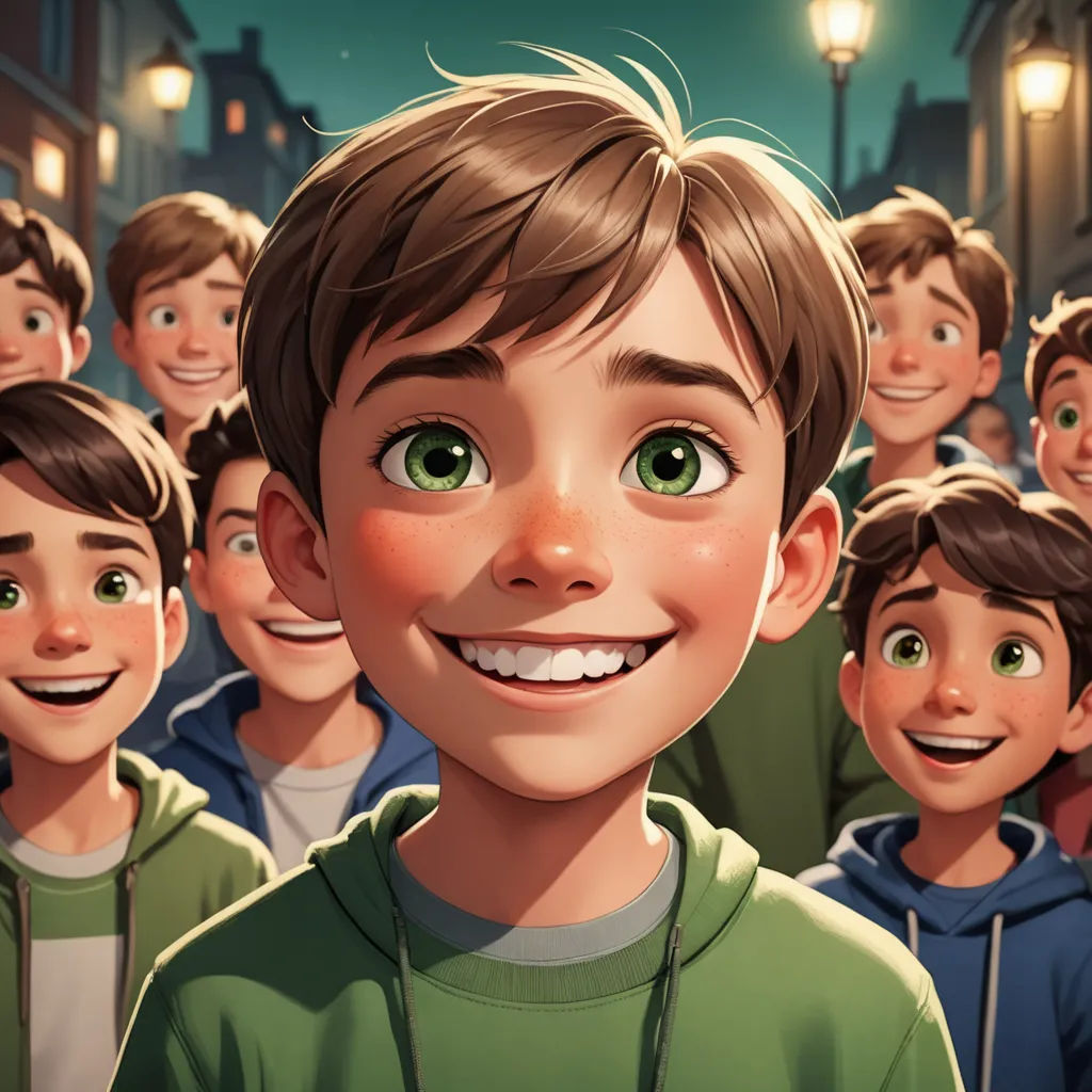 a cartoon of a boy with a group of people behind him in the background, a street light and a street light, photorealism, a storybook illustration, Brothers Hildebrandt, official art