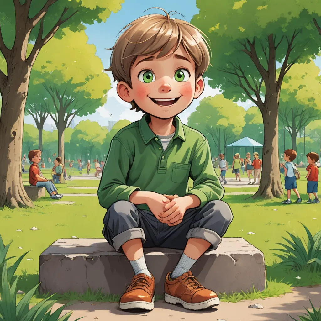 a boy sitting on a stone bench in a park with trees and people in the background, with a green shirt and brown shoes, paris school, a storybook illustration, Diego Gisbert Llorens, official art