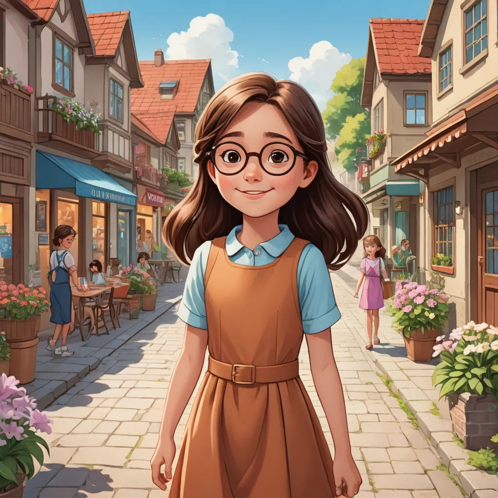 a girl in a dress and glasses standing in front of a street with people walking by and a flower shop, american scene painting, a storybook illustration, Alice Prin, official art