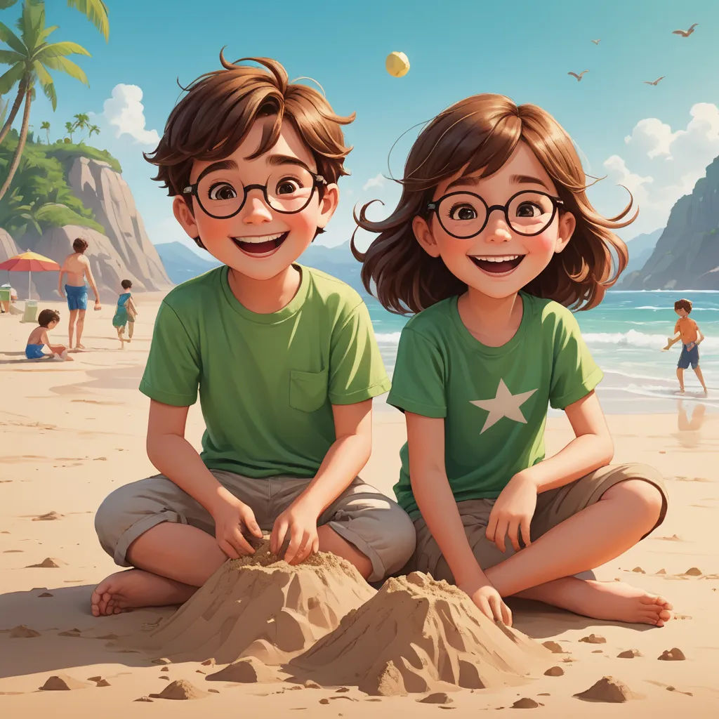 a couple of kids sitting on top of a sandy beach next to a sandy beach covered in sand and a star, photorealism, a storybook illustration, Diego Gisbert Llorens, rossdraws global illumination