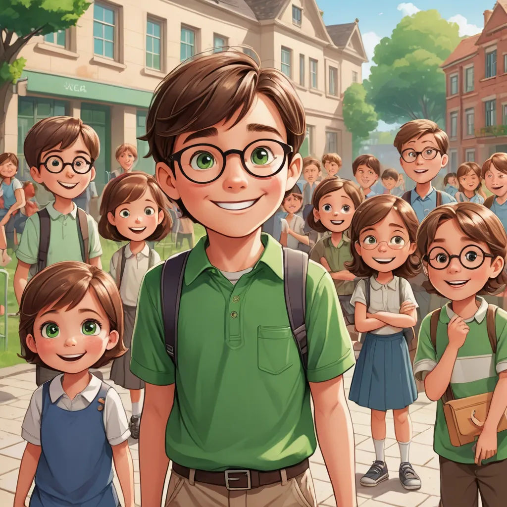 a cartoon of a boy and girl standing in front of a group of school children in front of a building, vancouver school, a storybook illustration, Diego Gisbert Llorens, official art