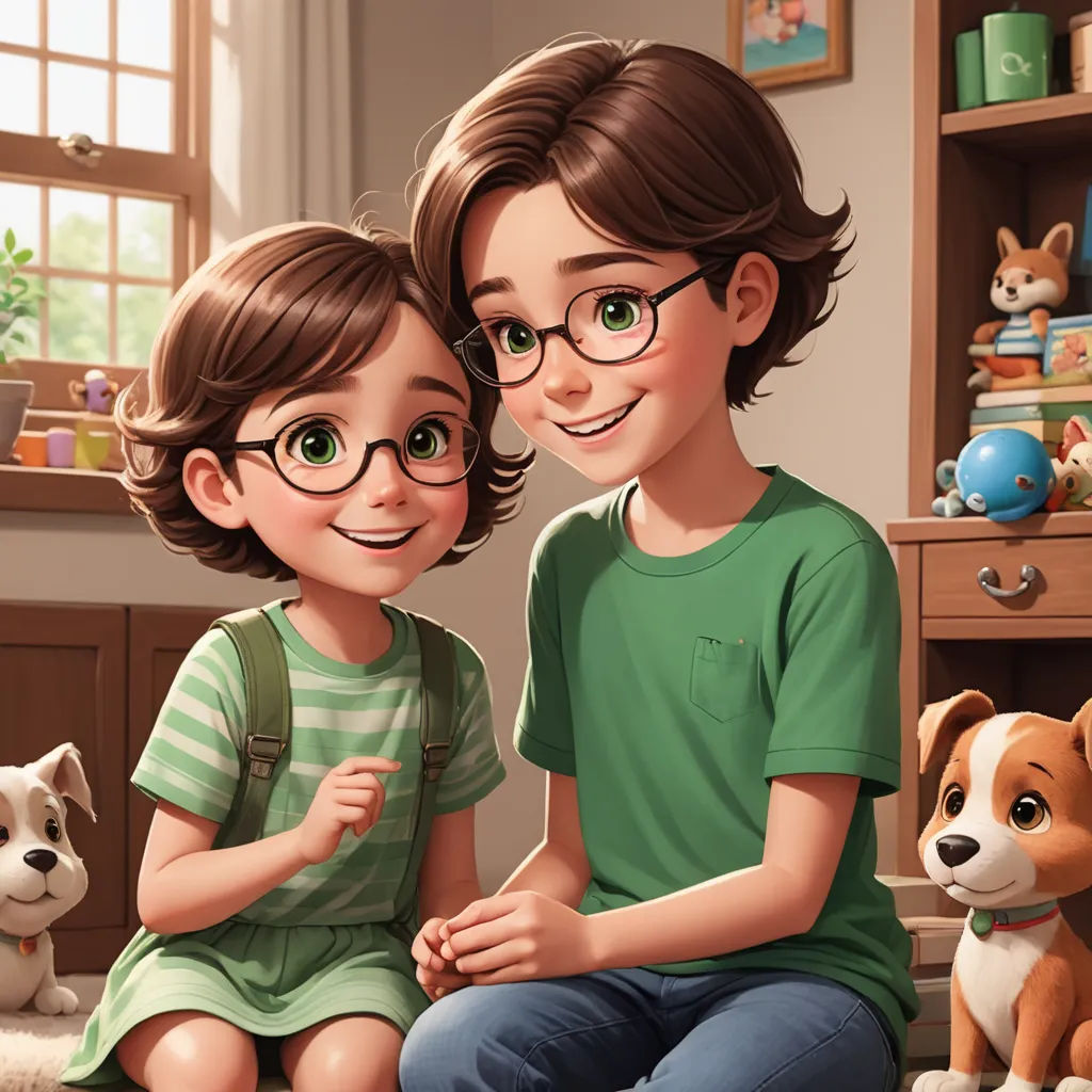 a boy and girl sitting on the floor next to a dog and a cat with green eyes and a green shirt, american scene painting, a storybook illustration, Diego Gisbert Llorens, cgstudio