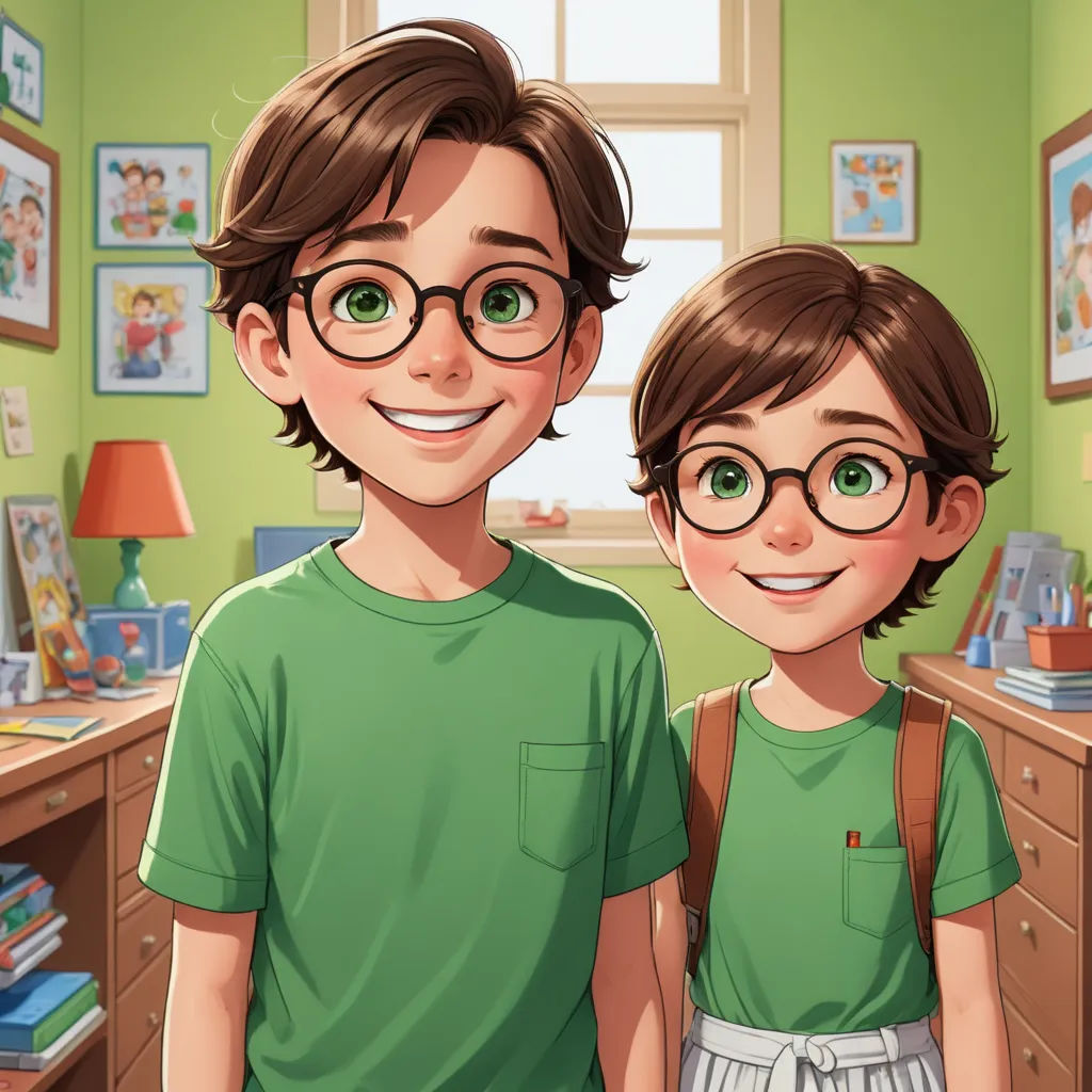 a boy and girl standing in a room with a green wall and a window with pictures on it and a green wall, sots art, a storybook illustration, Brothers Hildebrandt, rossdraws global illumination