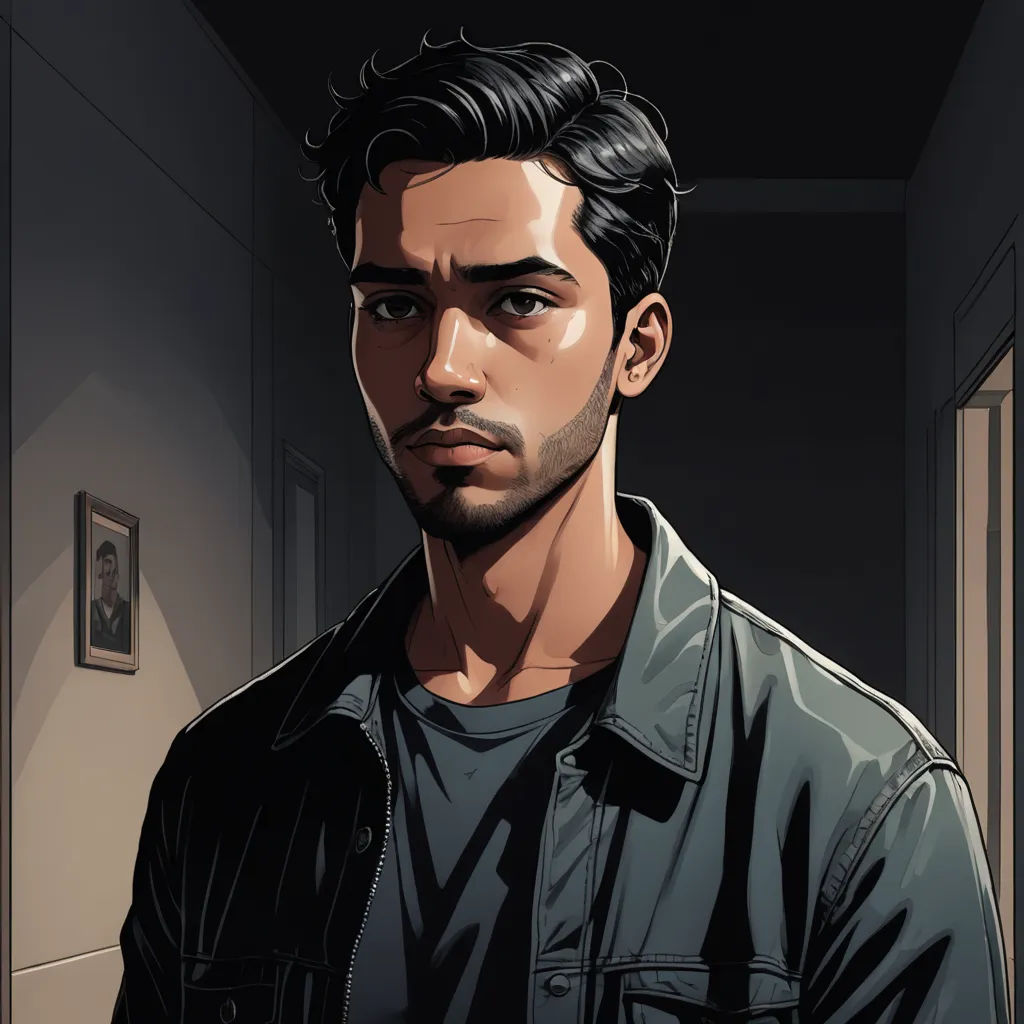 a man in a black jacket standing in a hallway with a framed picture on the wall behind him and a framed picture on the wall behind him, sots art, a character portrait, Cedric Seaut (Keos Masons), character portrait