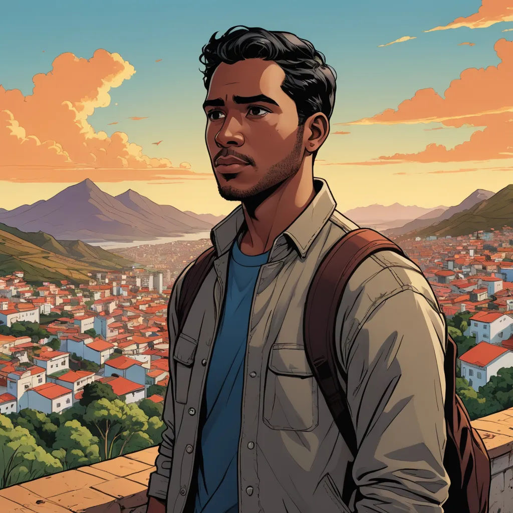 a man standing on a balcony with a city in the background and a sunset in the sky above him, hurufiyya, a character portrait, Cedric Seaut (Keos Masons), comic cover art