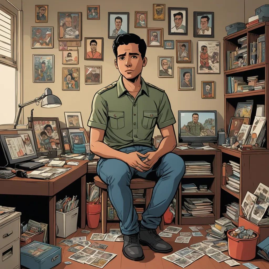 a man sitting in a room with many pictures on the wall and a desk with a computer on it, serial art, a character portrait, Asaf Hanuka, graphic novel