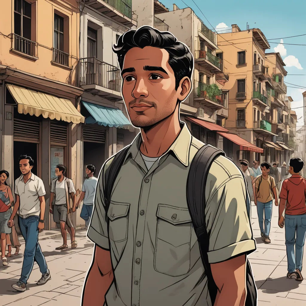 a man with a backpack on a city street with people walking around him and buildings in the background,, serial art, a comic book panel, Asaf Hanuka, graphic novel