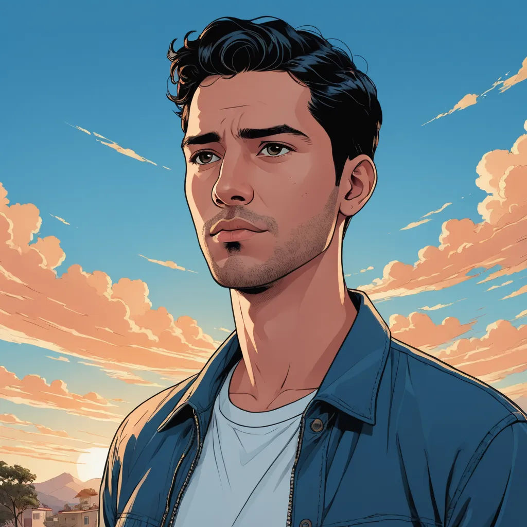 a man with a blue shirt and a blue jacket on is looking at the camera with a sunset in the background, serial art, a character portrait, Benjamin Marra, rossdraws global illumination