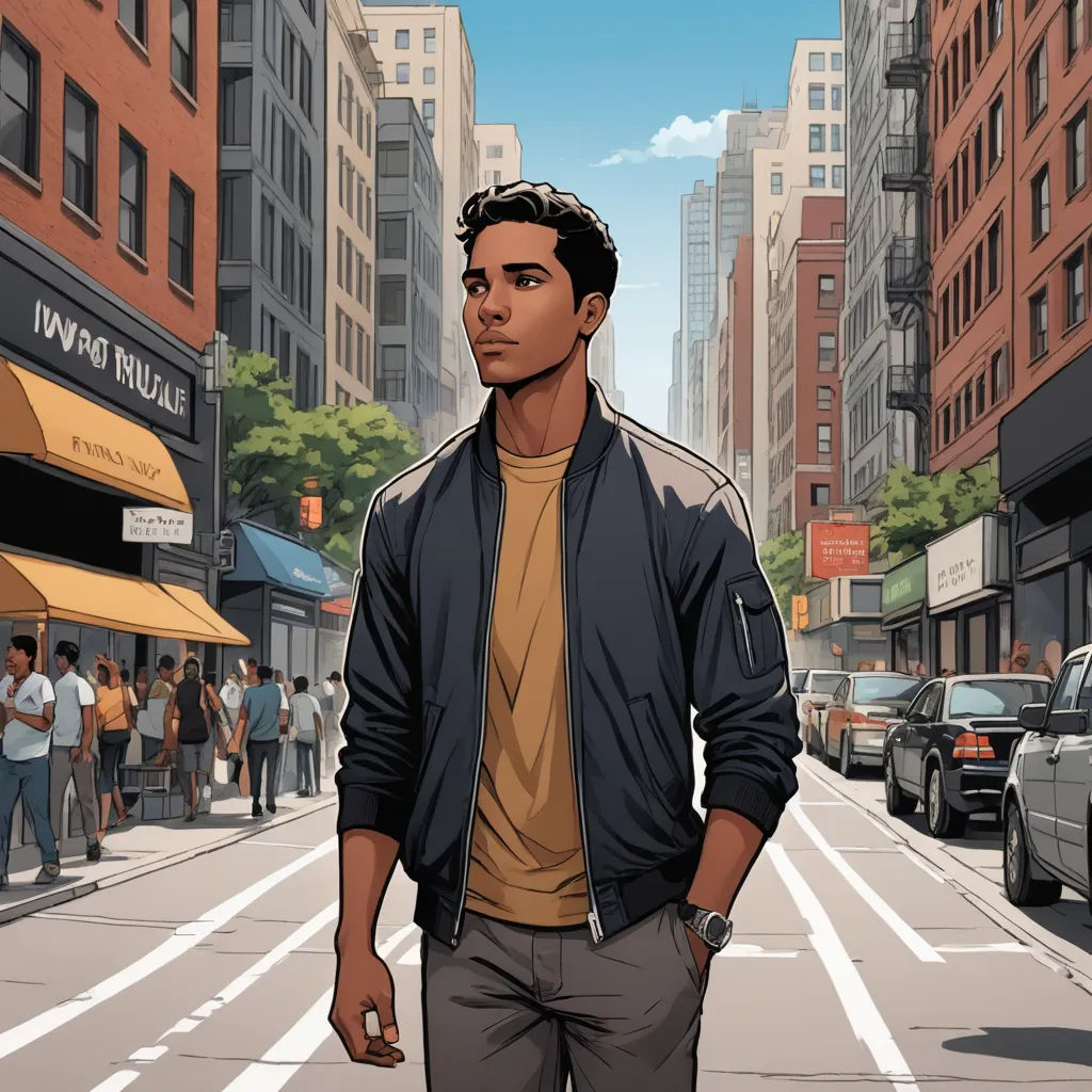 a man standing on a city street in front of a crowd of people, with a car parked on the side of the street, harlem renaissance, a comic book panel, Cedric Seaut (Keos Masons), comic cover art