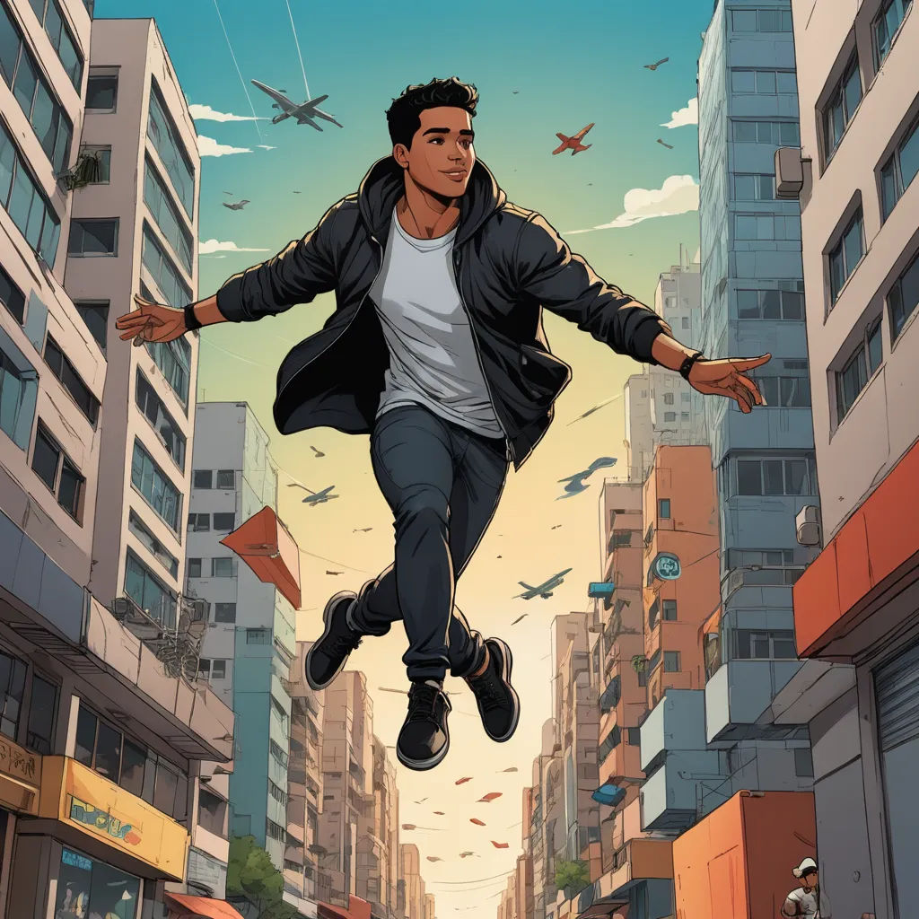 a man flying through the air while riding a skateboard in a city street with tall buildings and a sky background, afrofuturism, a comic book panel, Chris LaBrooy, comic cover art