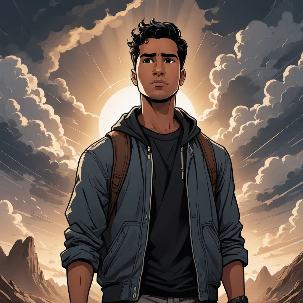 a man standing in front of a cloudy sky with a sun behind him and clouds in the background,, sots art, a character portrait, Cedric Seaut (Keos Masons), comic cover art