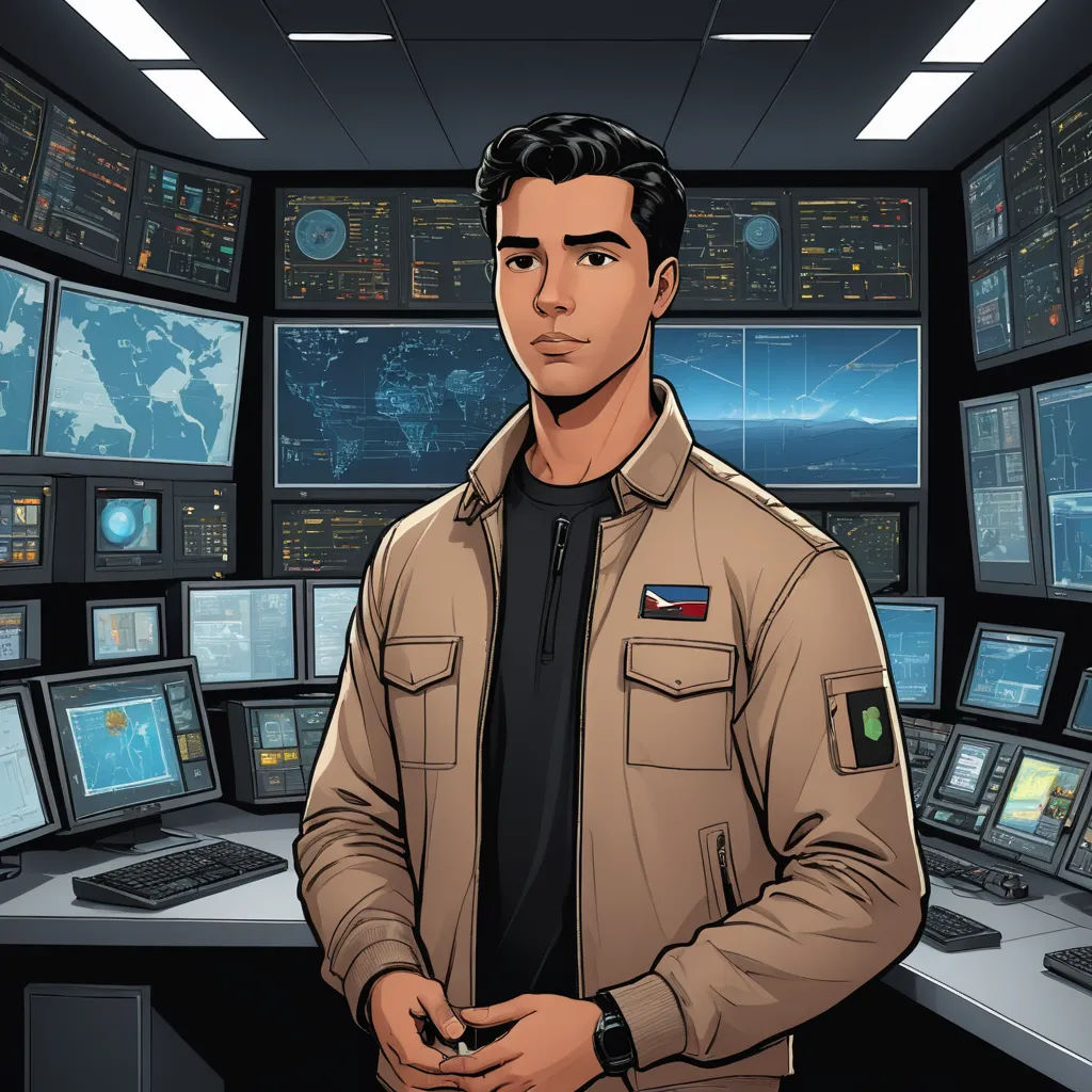 a man standing in front of a bunch of monitors in a room with a map on the wall and a lot of monitors on the wall, sots art, a comic book panel, Everett Warner, official art