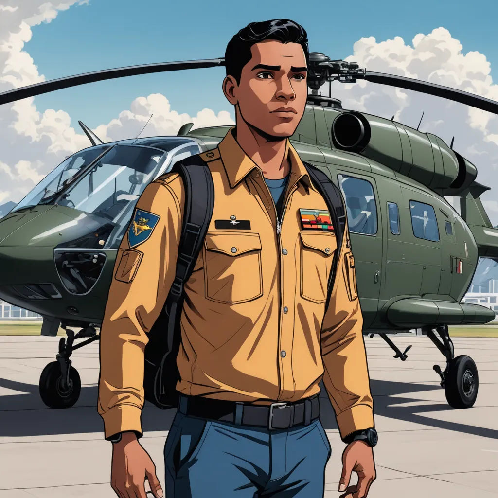 a man in a uniform standing in front of a helicopter on a runway with a helicopter in the background, serial art, a character portrait, Estuardo Maldonado, promotional image