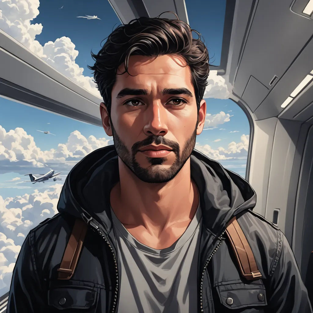 a man in a black jacket looking out a window at a plane and clouds in the sky behind him, photorealism, a character portrait, Aaron Jasinski, highly detailed digital painting