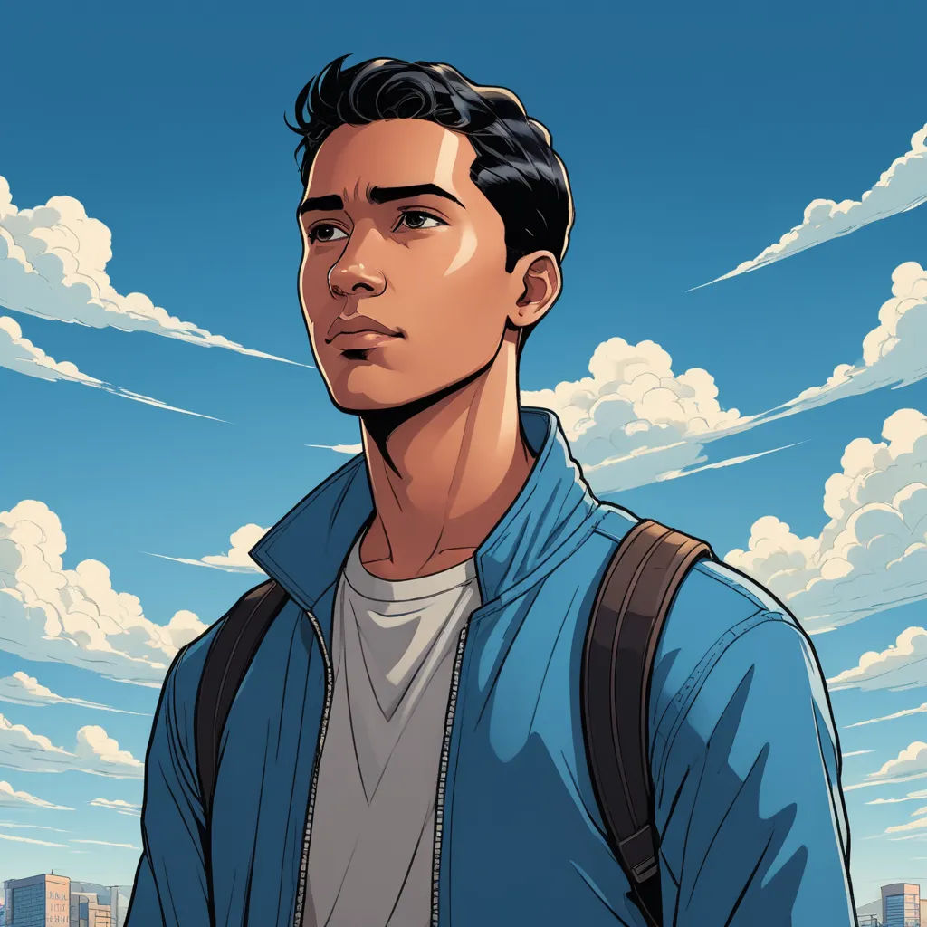a man with a backpack standing in front of a blue sky with clouds and buildings in the background,, sots art, a character portrait, Everett Warner, comic cover art