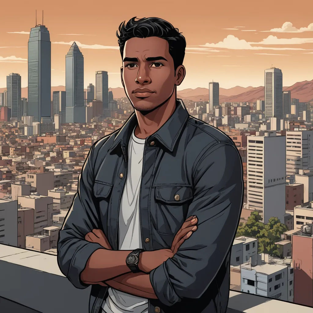 a man standing in front of a cityscape with his arms crossed and his arms crossed, in front of a cityscape background, serial art, a character portrait, Estuardo Maldonado, character portrait