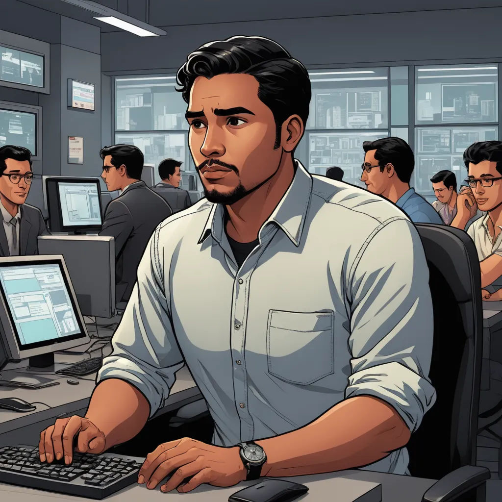a man sitting at a computer in front of a bunch of people in a room with computers and monitors, serial art, a comic book panel, Asaf Hanuka, graphic novel