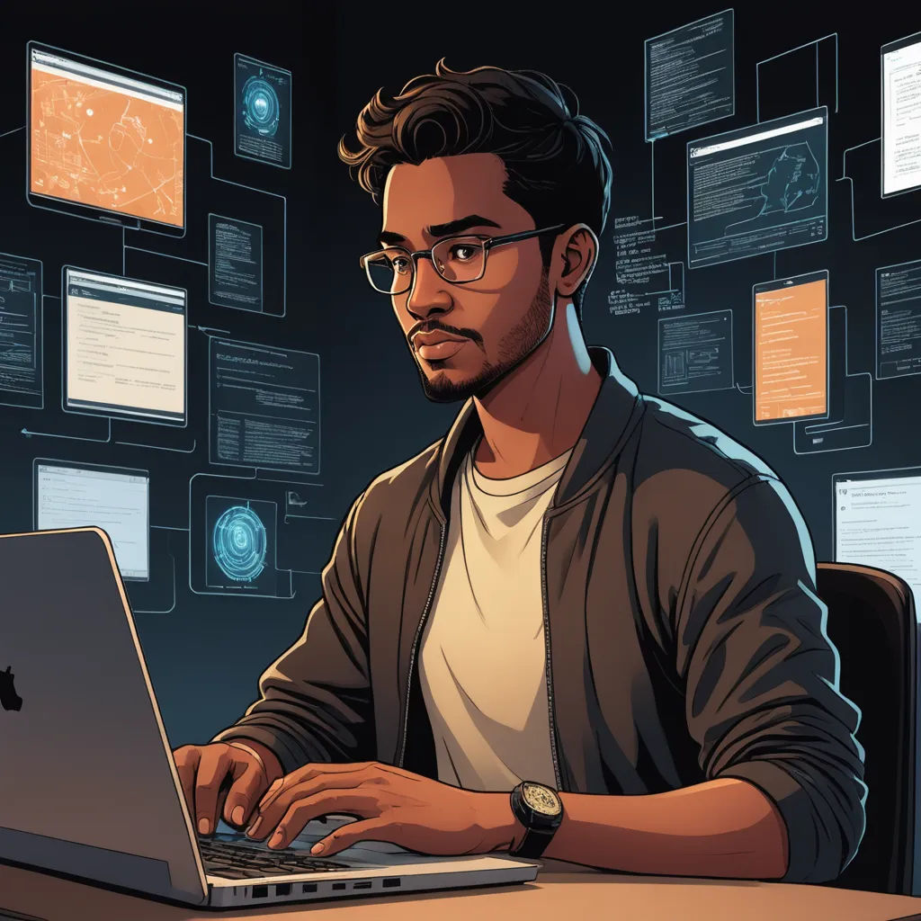 a man sitting at a desk with a laptop computer in front of him and a bunch of screens behind him, computer art, computer graphics, Cedric Seaut (Keos Masons), high detail illustration