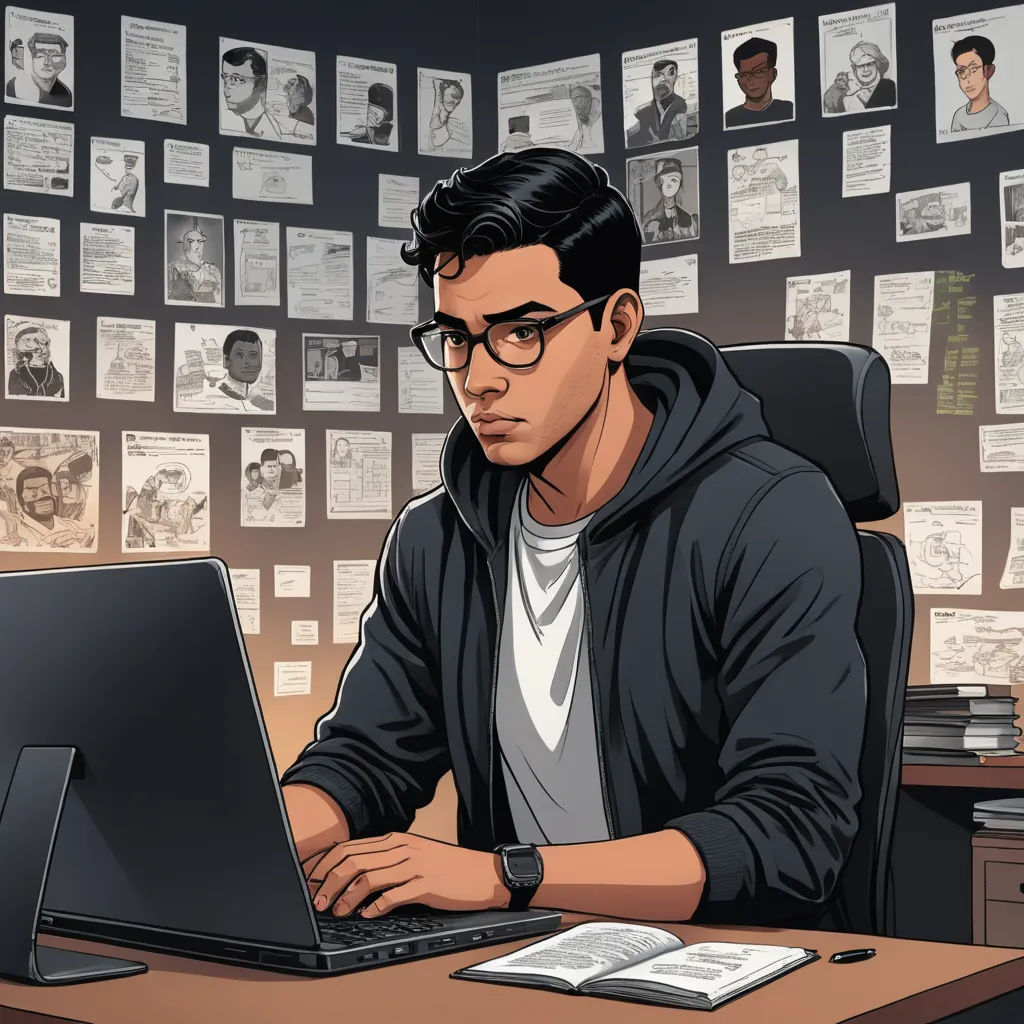 a man sitting at a desk with a laptop computer in front of him and a bunch of papers on the wall behind him, serial art, a character portrait, Cedric Seaut (Keos Masons), comic cover art