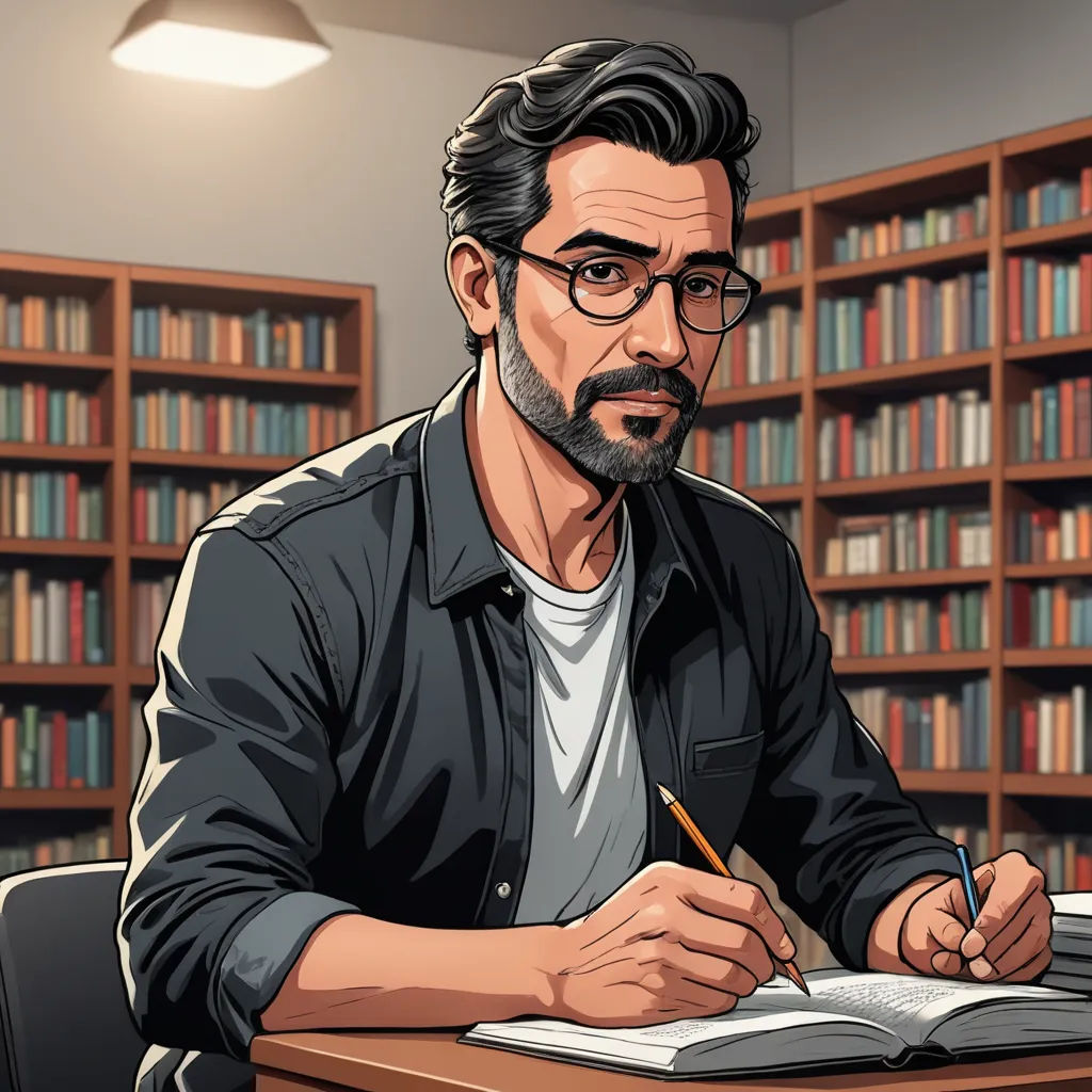 a man sitting at a desk with a book and pen in his hand and a bookcase behind him, academic art, a character portrait, Dean Roger, game art