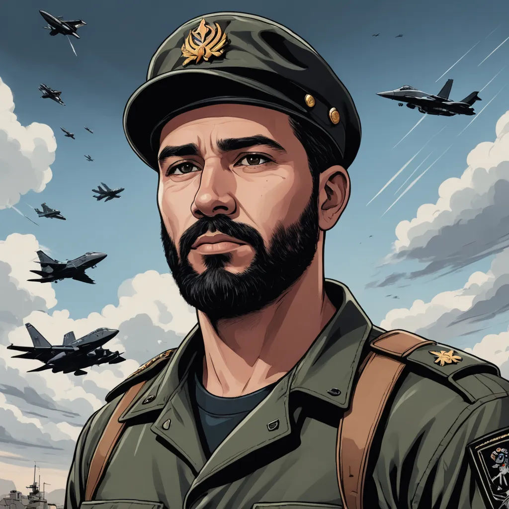 a man in a military uniform with a beard and a beard mustache, standing in front of a sky full of fighter jets, serial art, a character portrait, Altoon Sultan, character portrait