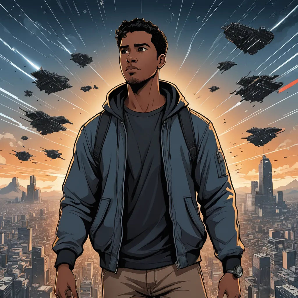 a man standing in front of a city with a sky background and a star wars scene in the background, afrofuturism, poster art, Altichiero, comic cover art
