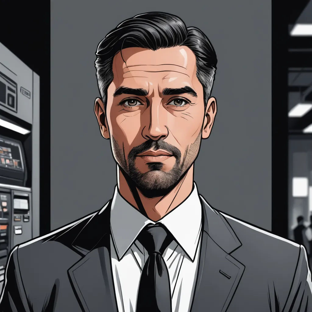 a man in a suit and tie in a room with a control panel and a television screen behind him, de stijl, a character portrait, Derek Hill, character portrait