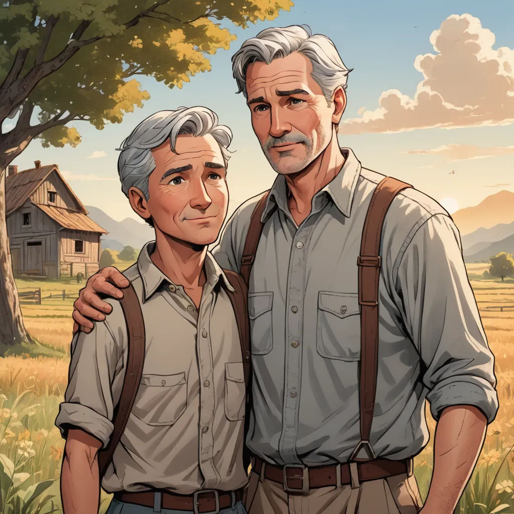a couple of men standing next to each other in a field of grass and trees with a house in the background, american realism, a comic book panel, Brothers Hildebrandt, official art
