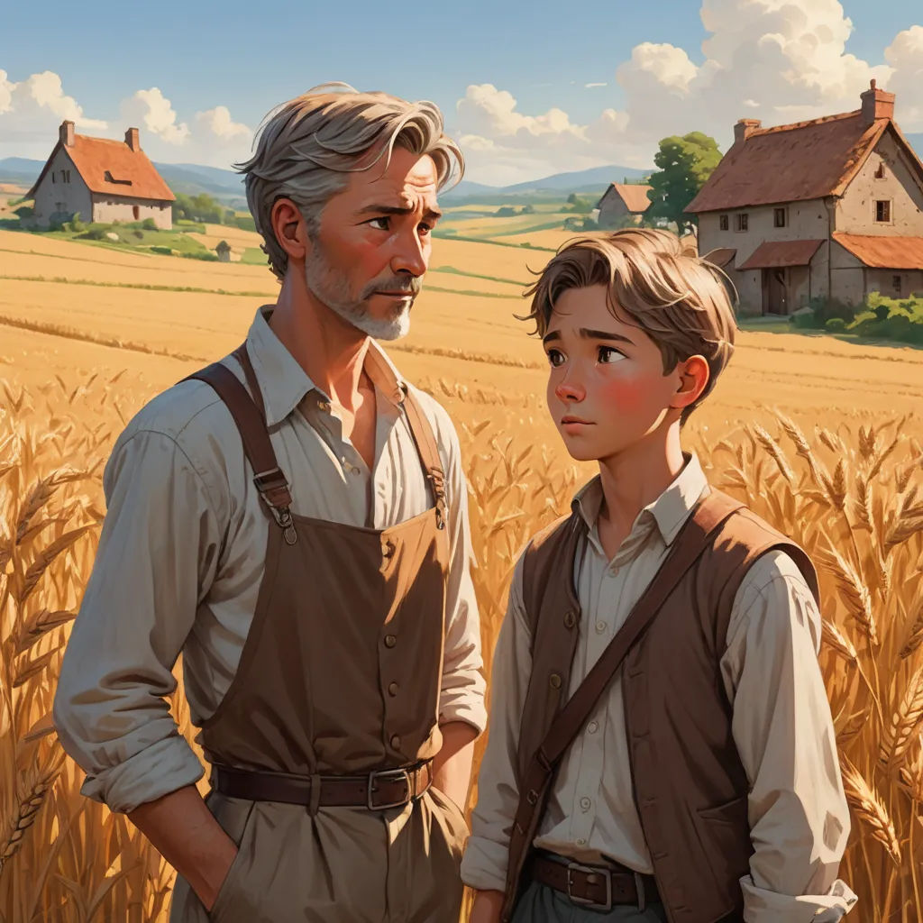 a painting of a man and a boy standing in a field of wheat in front of a farm house, american scene painting, a storybook illustration, Brothers Hildebrandt, official art