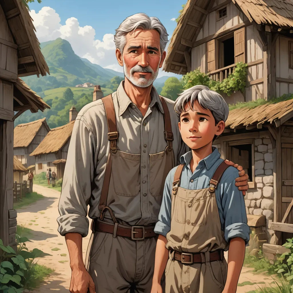 a man and a boy standing in front of a village with a mountain in the background and a house, socialist realism, a storybook illustration, Brothers Hildebrandt, official art