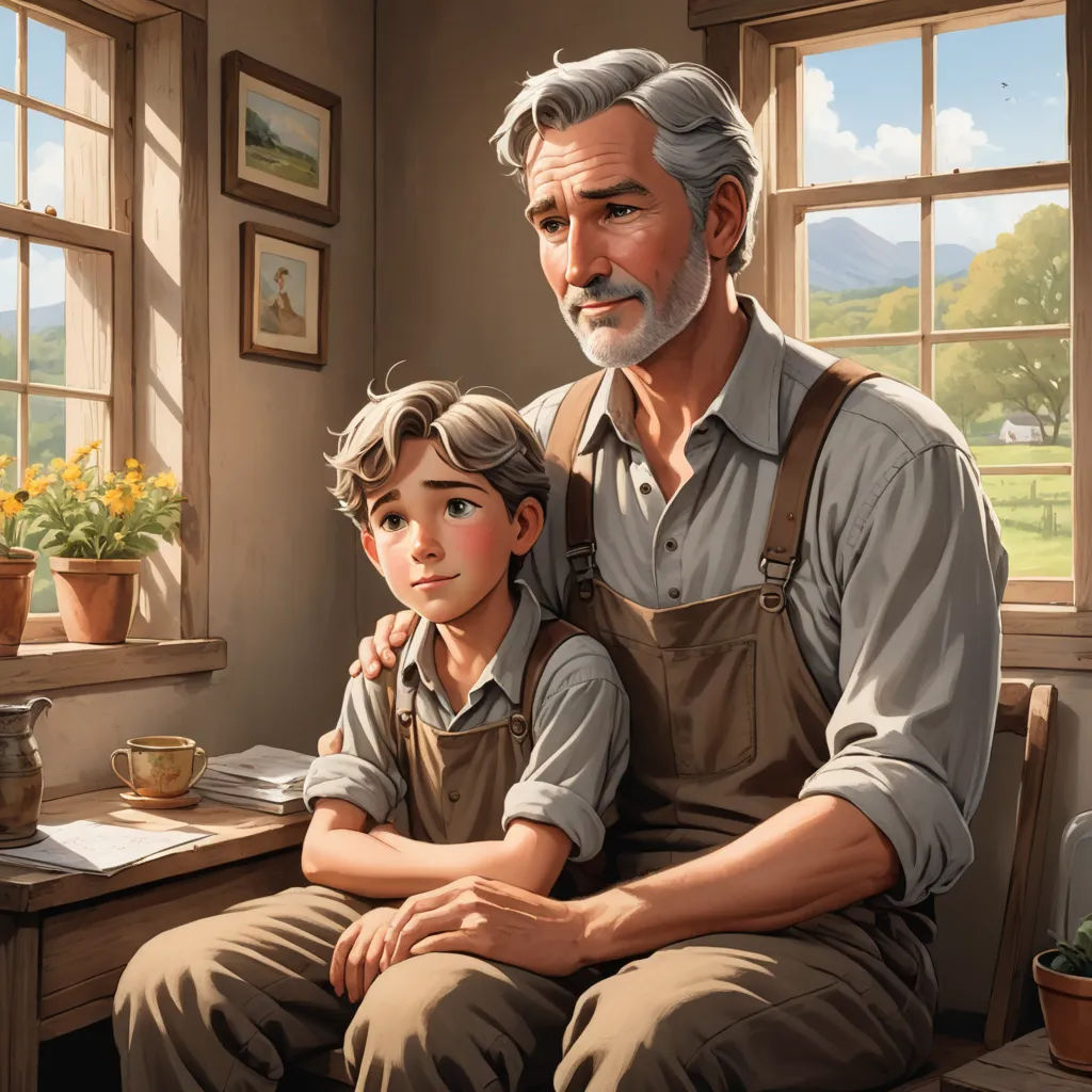 a painting of a man and a boy sitting at a desk in front of a window with a view of a field, american scene painting, a storybook illustration, Brothers Hildebrandt, storybook illustration