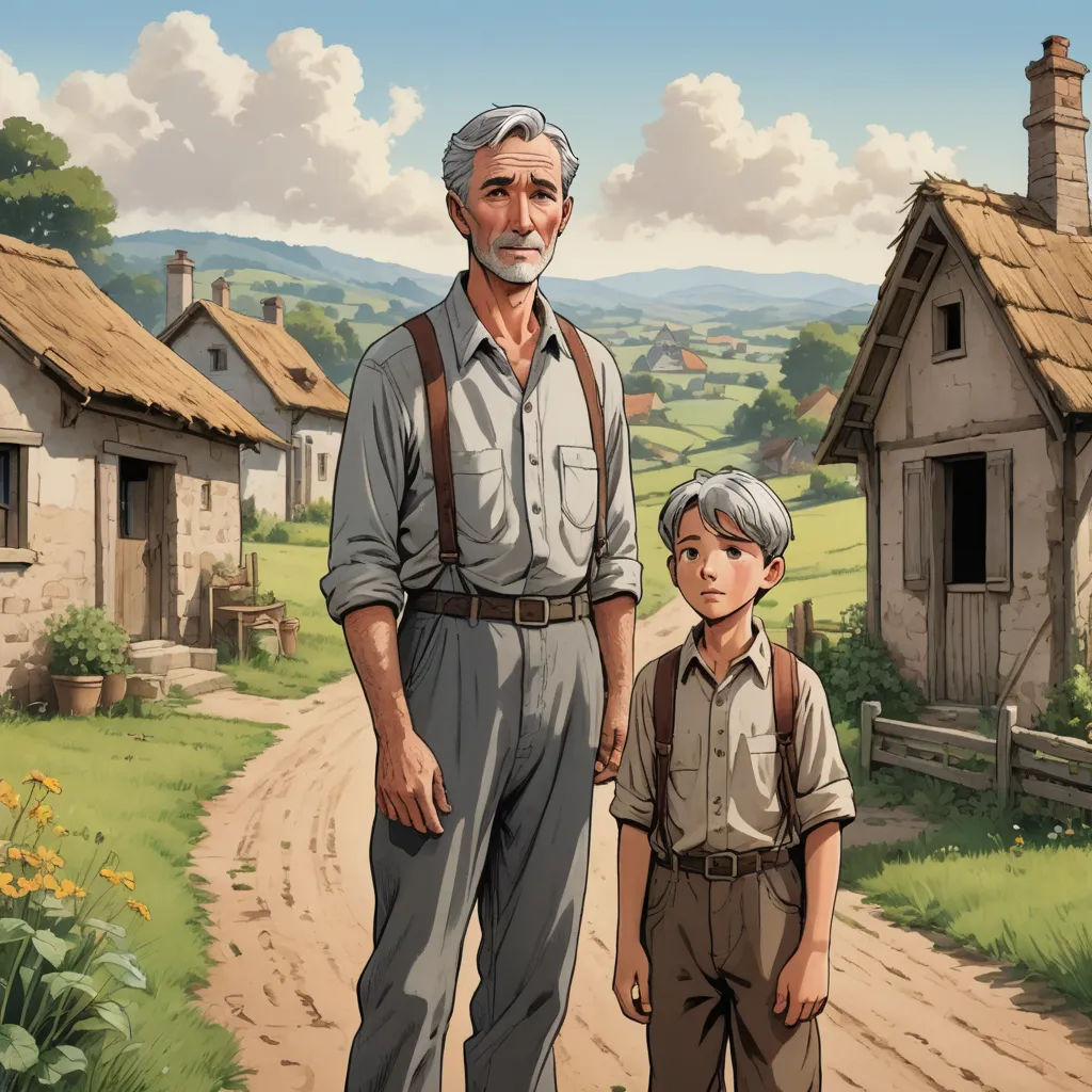 a man and a boy standing in front of a village with a dirt road and a farm house on the other side, socialist realism, a storybook illustration, Brothers Hildebrandt, official art