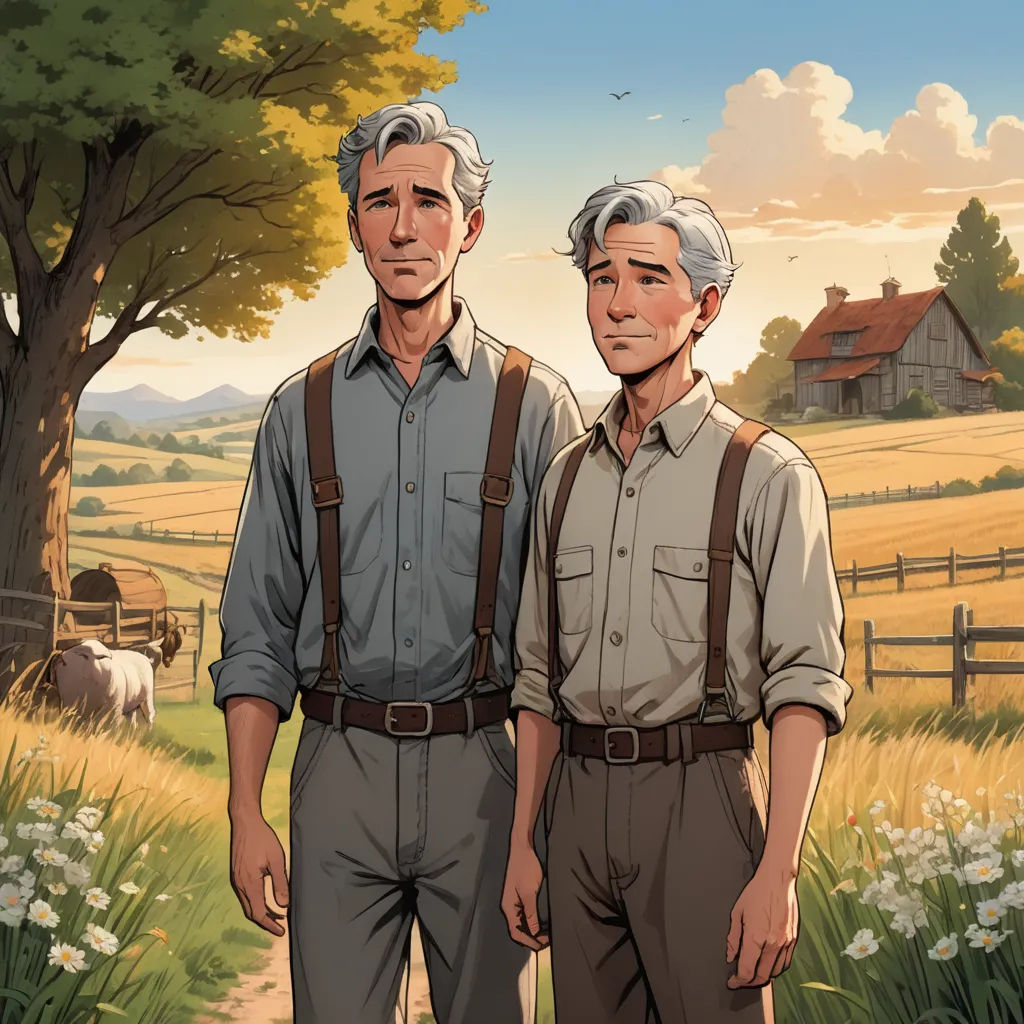 two men standing next to each other in front of a field with cows and a tree in the background, american realism, a comic book panel, Brothers Hildebrandt, graphic novel