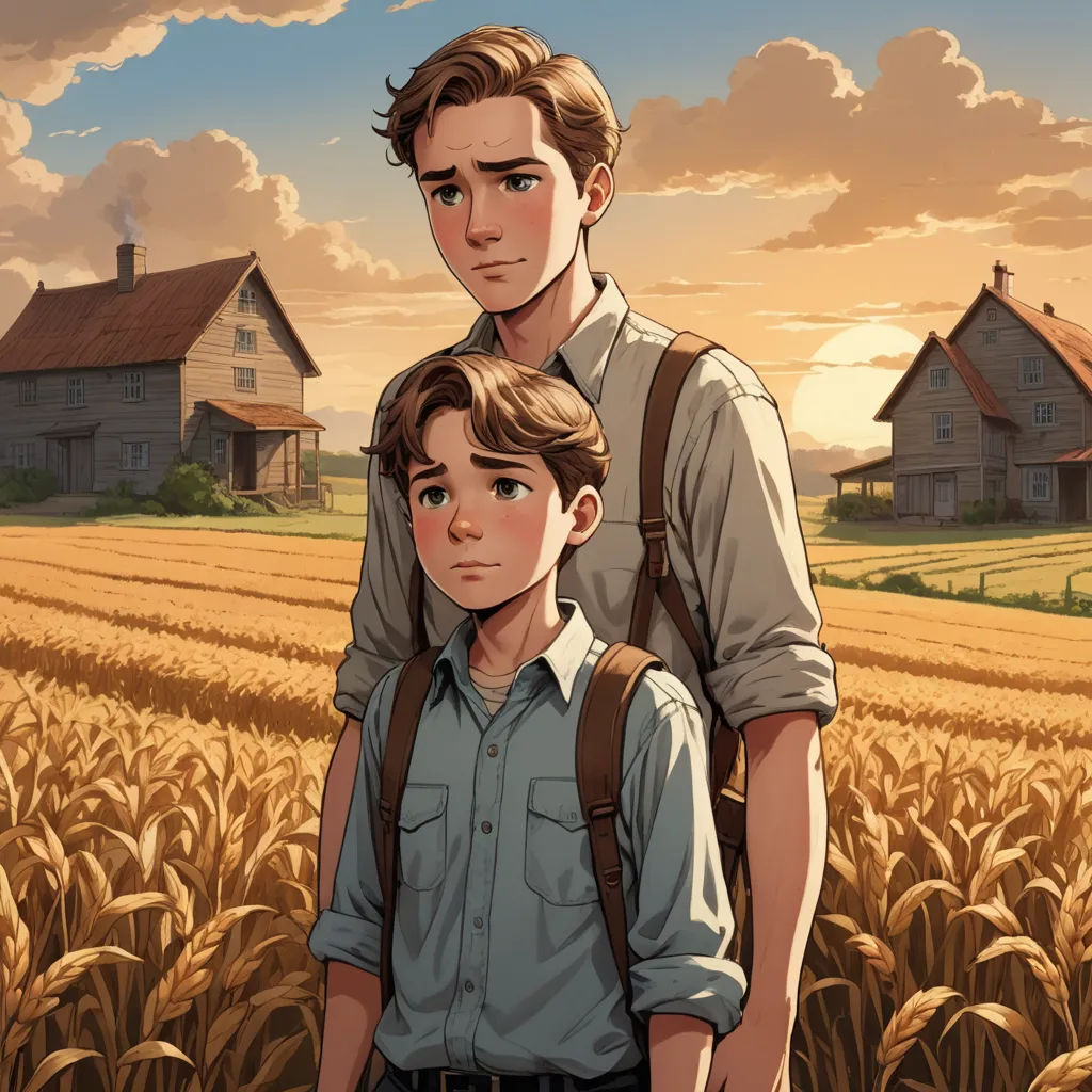 a man and a boy standing in a field of wheat in front of a house and a farm in the background, sots art, a comic book panel, Brothers Hildebrandt, official art