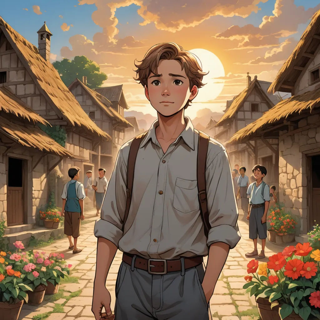 a man standing in front of a village with flowers and people walking around it and a sun setting behind him, magical realism, a character portrait, Cedric Seaut (Keos Masons), official art