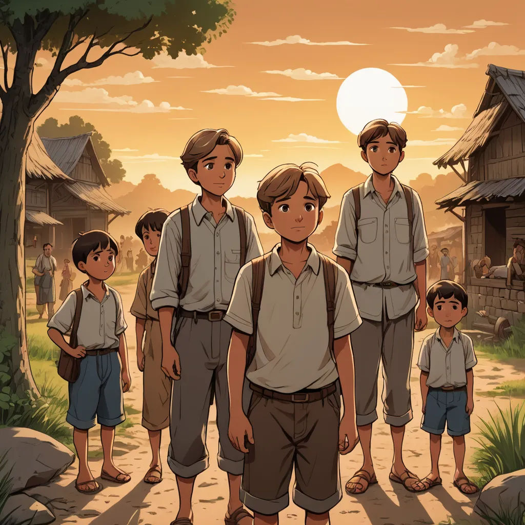 a group of people standing in front of a tree and a house with a sun in the background and a person standing in front of them, serial art, a storybook illustration, Brothers Hildebrandt, official art