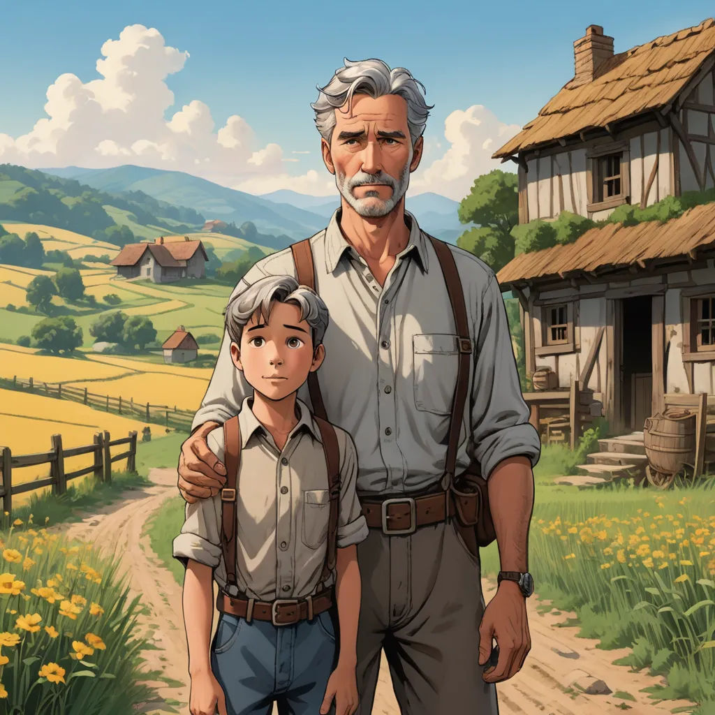 a man and a boy standing in front of a farm house with a farm road in the background and a field of flowers, fantastic realism, a storybook illustration, Brothers Hildebrandt, ghibli