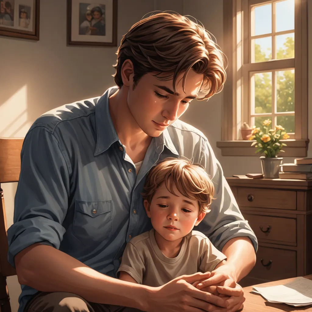 a man and a child sitting at a table with a book in front of them and a window behind them, american scene painting, a storybook illustration, Brothers Hildebrandt, stanley artgerm lau