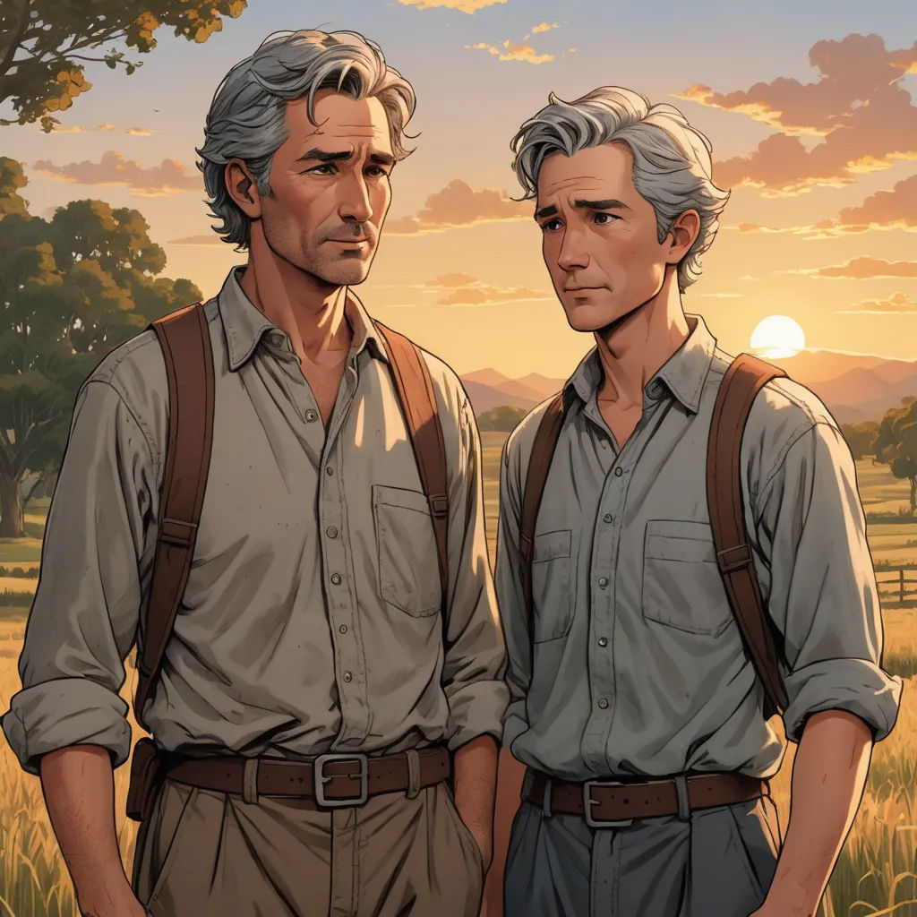 two men standing next to each other in a field at sunset with a sunset behind them and a tree, serial art, a comic book panel, Brothers Hildebrandt, official art