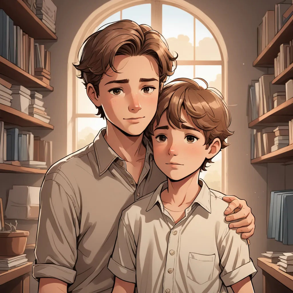 a man and a boy are standing in front of a window in a library with bookshelves and a window, serial art, a storybook illustration, Cedric Seaut (Keos Masons), official art