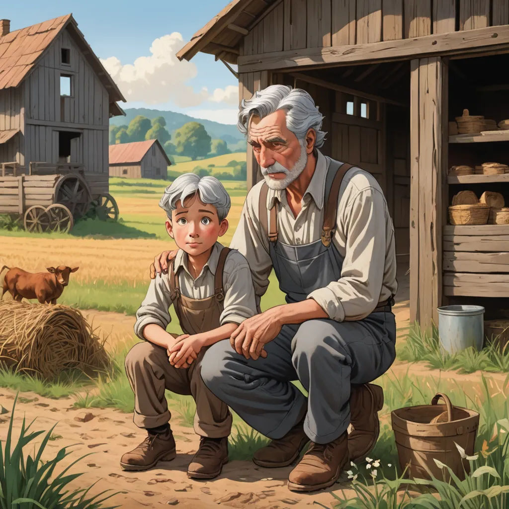 a painting of a man and a boy in a farm setting with a cow in the background and a barn in the background, american scene painting, a storybook illustration, Brothers Hildebrandt, storybook illustration